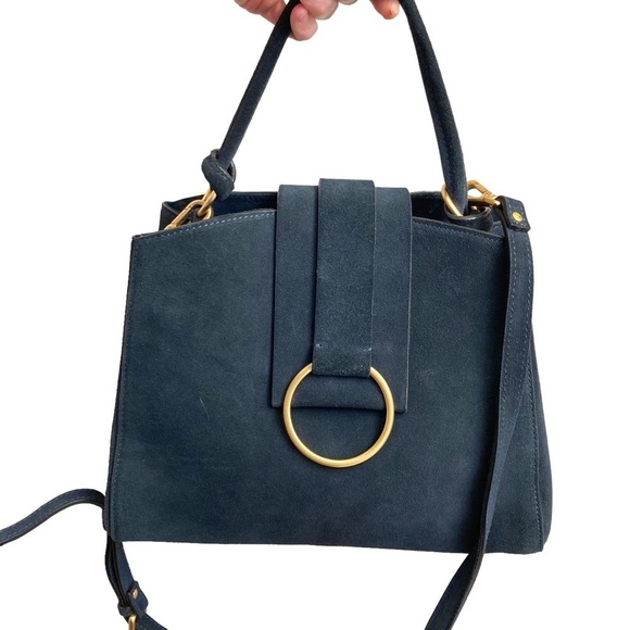 Anthropologie blue suede leather two way tote bag made in Italy - Picture 6 of 13